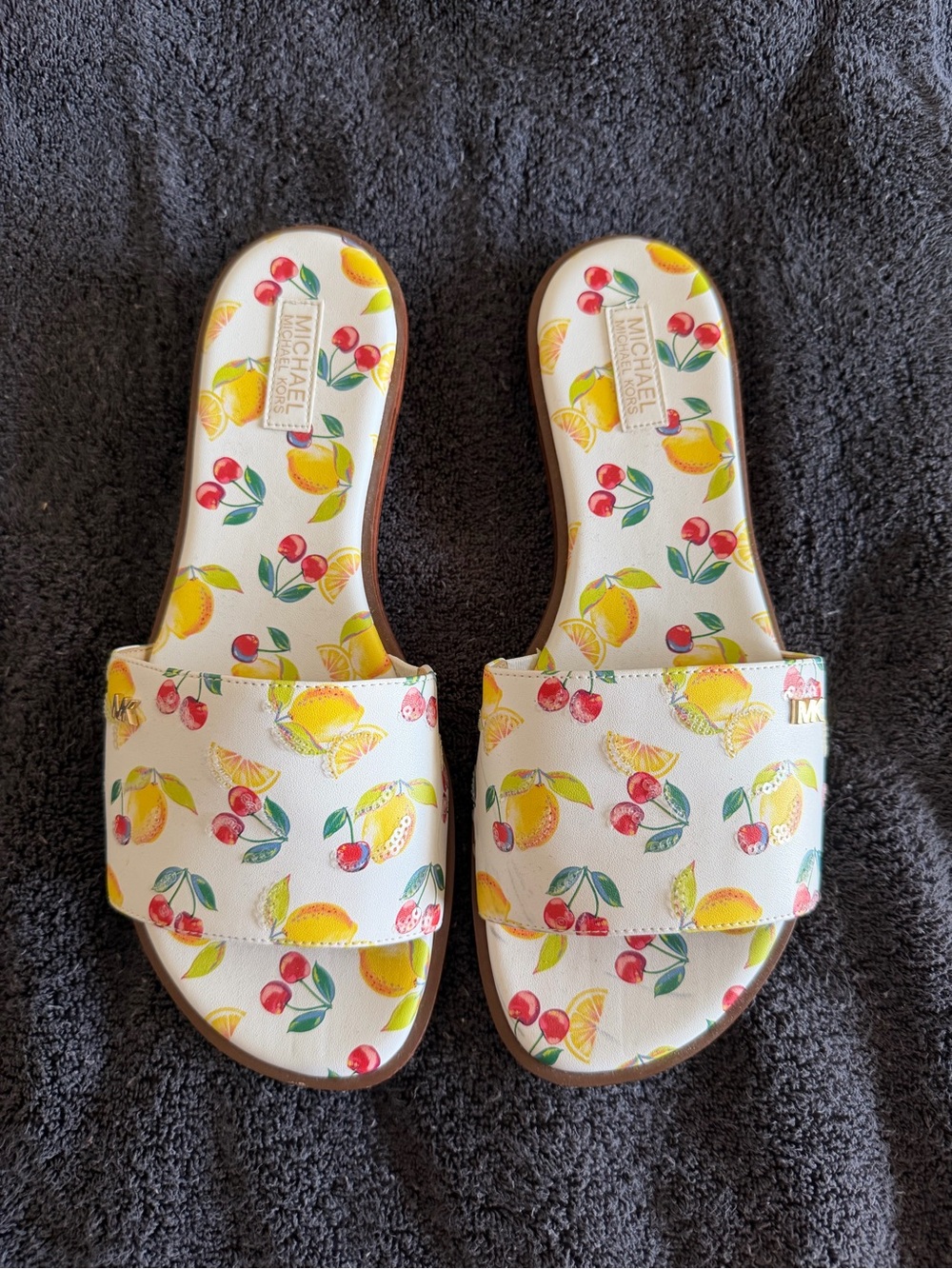 MICHAEL Michael Kors White Slides with Lemon & Cherry Print